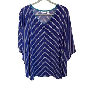 Susan Graver Womens 1X Blue White Liquid Knit Poncho Blouse Teal Accent